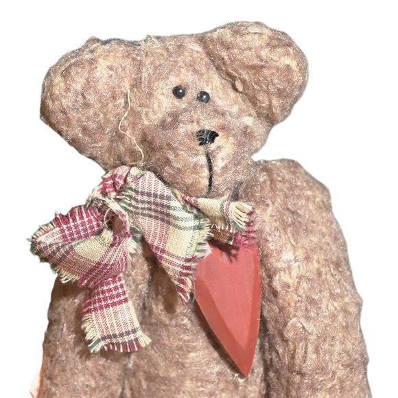 VTG Teddy Bear Wooden Red Heart & Plaid Scarf Handmade Collectible 1950-80 EUC - Picture 4 of 14